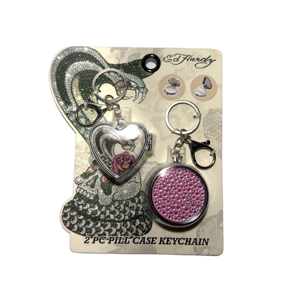 Ed Hardy 2 Pc Pill Case Keychain Set Pink/Silver Rhinestone Heart Theme NWT
